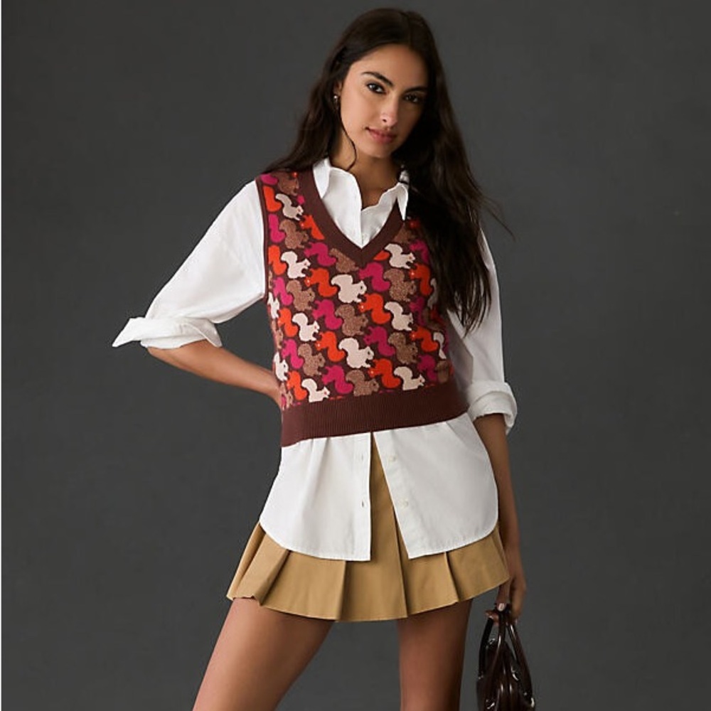 Maeve Vera Jacquard Brown Orange Pink Metallic Gold Sweater Vest - Medium